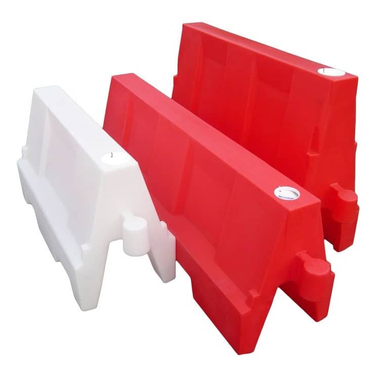 Evo Barrier 1m water-filled traffic barrier in red and white, designed for temporary road safety, traffic management, and site protection.