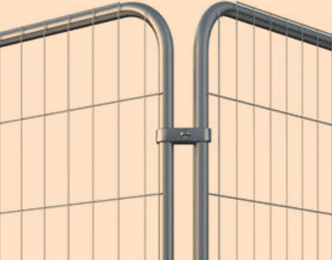 Anti-tamper Heras fencing coupler securing two temporary fencing panels together on a construction site.