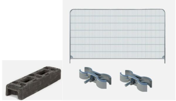 Complete Heras fencing kit including temporary fence panel, rubber feet and fence couplers for secure site perimeter fencing.