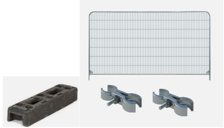 Complete Heras fencing kit including temporary fence panel, rubber feet and fence couplers for secure site perimeter fencing.
