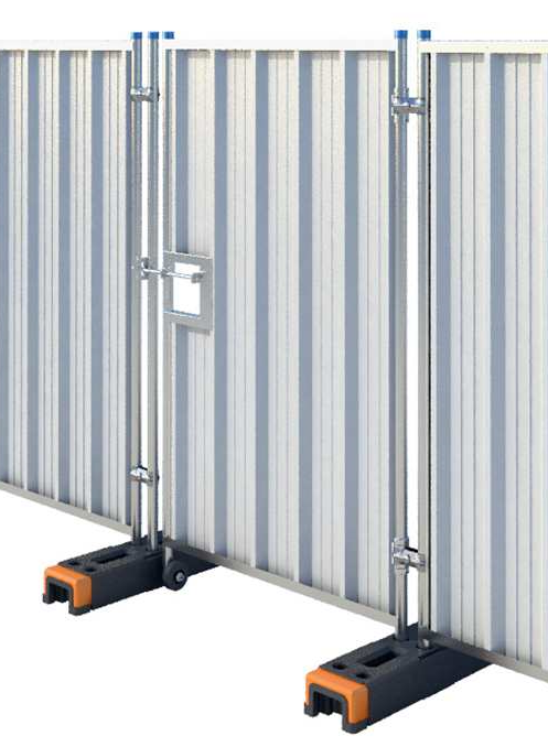 Hoarding pedestrian gate featuring galvanised steel construction with corrugated infill panel, integrated locking mechanism and stabilising feet, designed to provide secure pedestrian access within a temporary site hoarding system.
