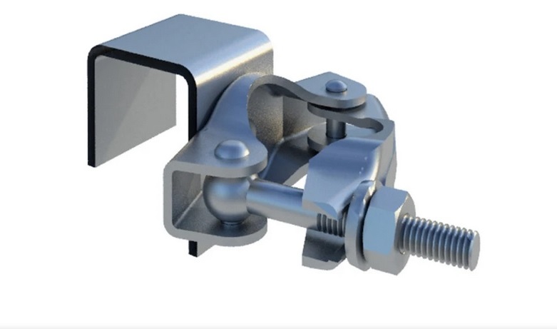 Galvanised hoarding to scaffold coupler with adjustable threaded bolt and secure clamp mechanism, designed to connect temporary steel hoarding panels directly to scaffold structures for enhanced stability and support.