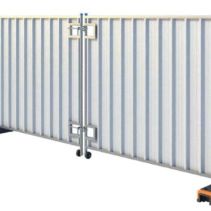 Hoarding vehicle gate measuring 4.314m wide x 1.98m high, featuring a double-leaf galvanised steel design with corrugated infill panels, central locking bars and support wheels, installed within a temporary site hoarding system for secure vehicle access.