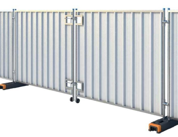Hoarding vehicle gate measuring 4.314m wide x 1.98m high, featuring a double-leaf galvanised steel design with corrugated infill panels, central locking bars and support wheels, installed within a temporary site hoarding system for secure vehicle access.