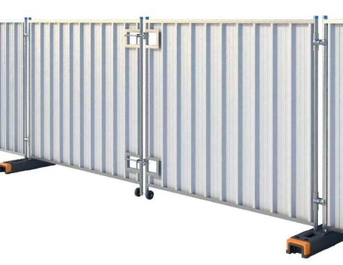 Hoarding vehicle gate measuring 4.314m wide x 1.98m high, featuring a double-leaf galvanised steel design with corrugated infill panels, central locking bars and support wheels, installed within a temporary site hoarding system for secure vehicle access.