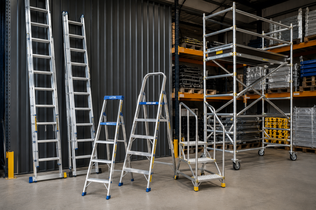 Extension ladders, step ladders, access platforms and scaffold towers in a professional warehouse environment.