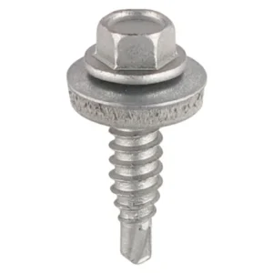 Box of 100 sheet-to-sheet TEK screws designed for fastening metal sheets together in roofing and cladding applications.