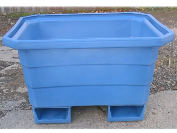 250L blue eco mortar tub on a construction site, forklift compatible for outdoor mixing, storage and material handling.