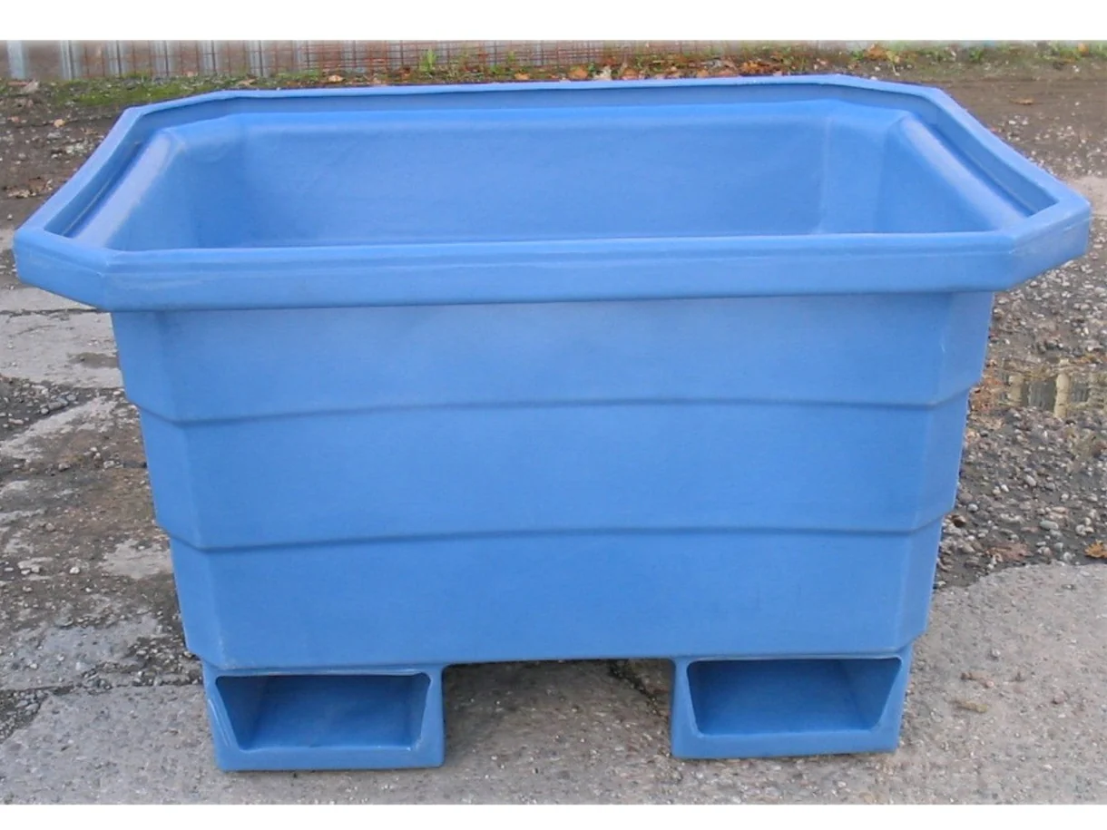 250L blue eco mortar tub on a construction site, forklift compatible for outdoor mixing, storage and material handling.