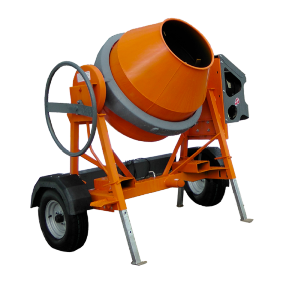 Side view of the Altrad Belle AT350 road tow concrete mixer for high-capacity concrete and mortar mixing on construction sites.