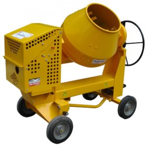 Side view of the Altrad Belle Commodore petrol cement mixer in yellow for mixing concrete, cement and mortar on construction sites.