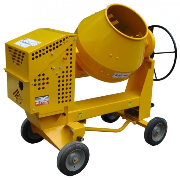 Side view of the Altrad Belle Commodore petrol cement mixer in yellow for mixing concrete, cement and mortar on construction sites.