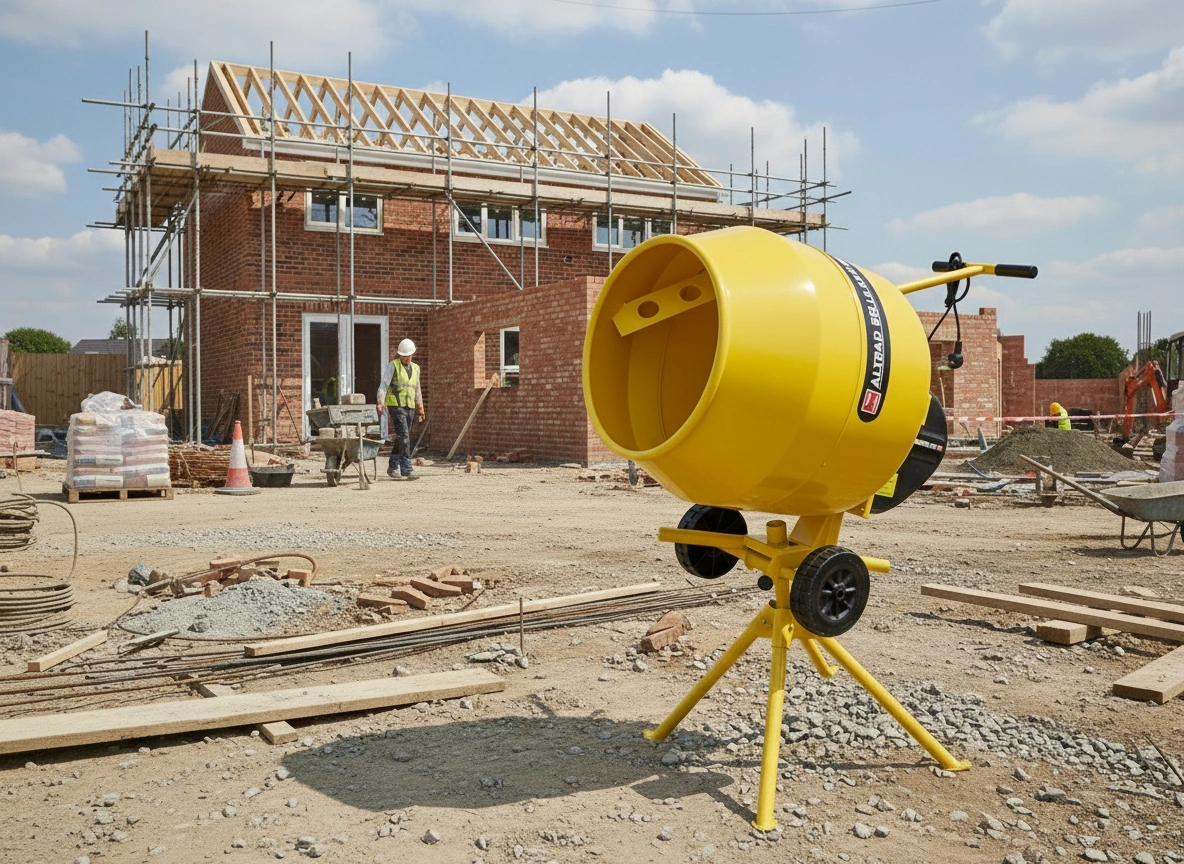 Altrad Belle Minimix 130 cement mixer in use on a construction site for mixing concrete, cement and mortar.
