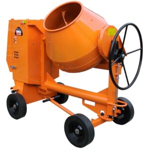 Altrad Belle Premier 150XT 230V electric site mixer PM45 in orange, front view for concrete and mortar mixing.