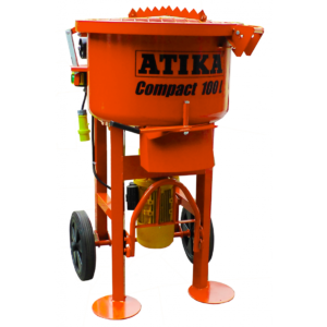 Front view of the Atika Compact 100 orange pan mixer for mixing plaster, mortar and construction materials.