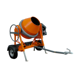 Front view of the Altrad Belle AT350 road tow concrete mixer for mixing concrete and mortar on construction sites.