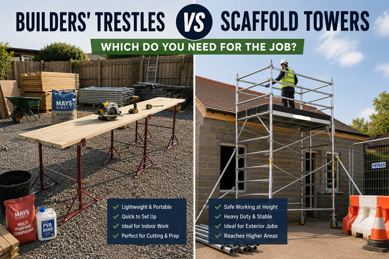 Comparison of builders' trestles with scaffold boards and a mobile scaffold tower, illustrating the best access equipment for different construction and DIY jobs.
