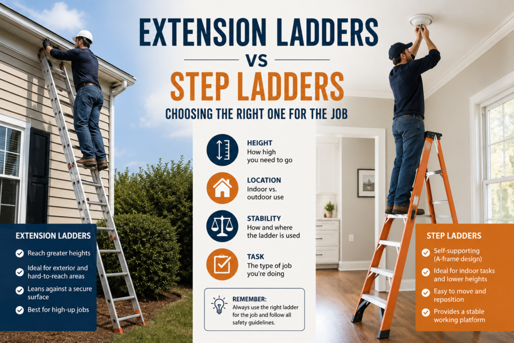 Extension ladder beside a house compared with a step ladder indoors, illustrating the differences between extension ladders and step ladders for various jobs.