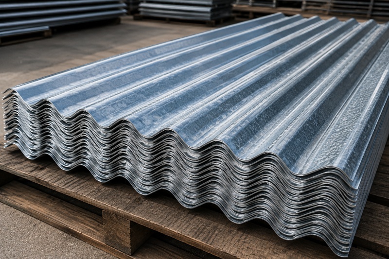 Stack of galvanised corrugated steel roofing sheets on a wooden pallet in an industrial yard, showing the wave profile and zinc-coated finish used for roofing and cladding.