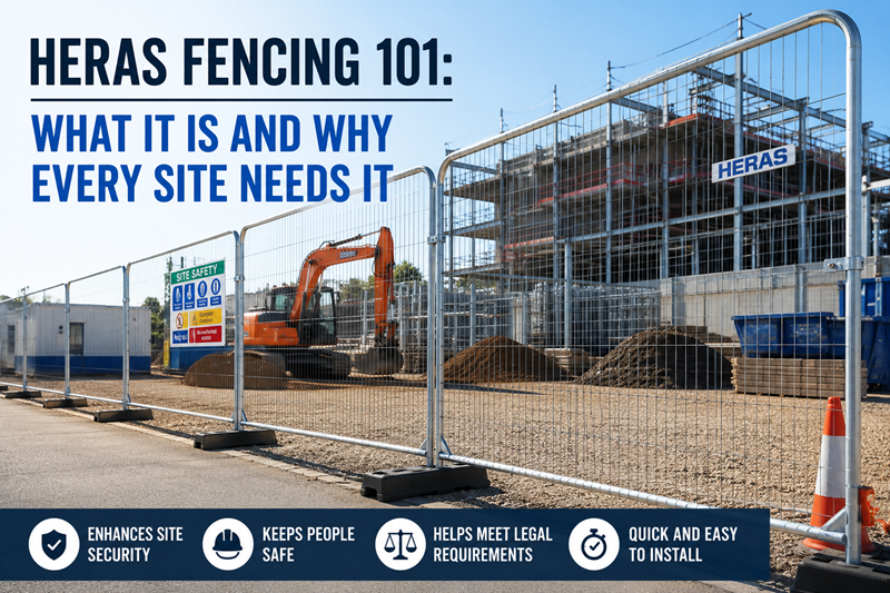 Heras fencing panels securing the perimeter of a construction site with scaffolding and machinery, demonstrating temporary site security and safety.