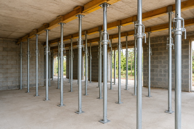 Rows of adjustable steel Acrow props supporting timber beams and a concrete floor slab inside a building under construction.
