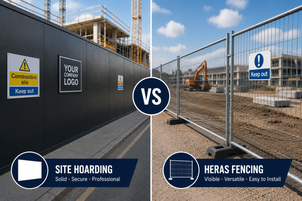 Side-by-side comparison of solid site hoarding and Heras fencing used around construction sites, highlighting the differences between temporary mesh fencing and solid perimeter hoarding.