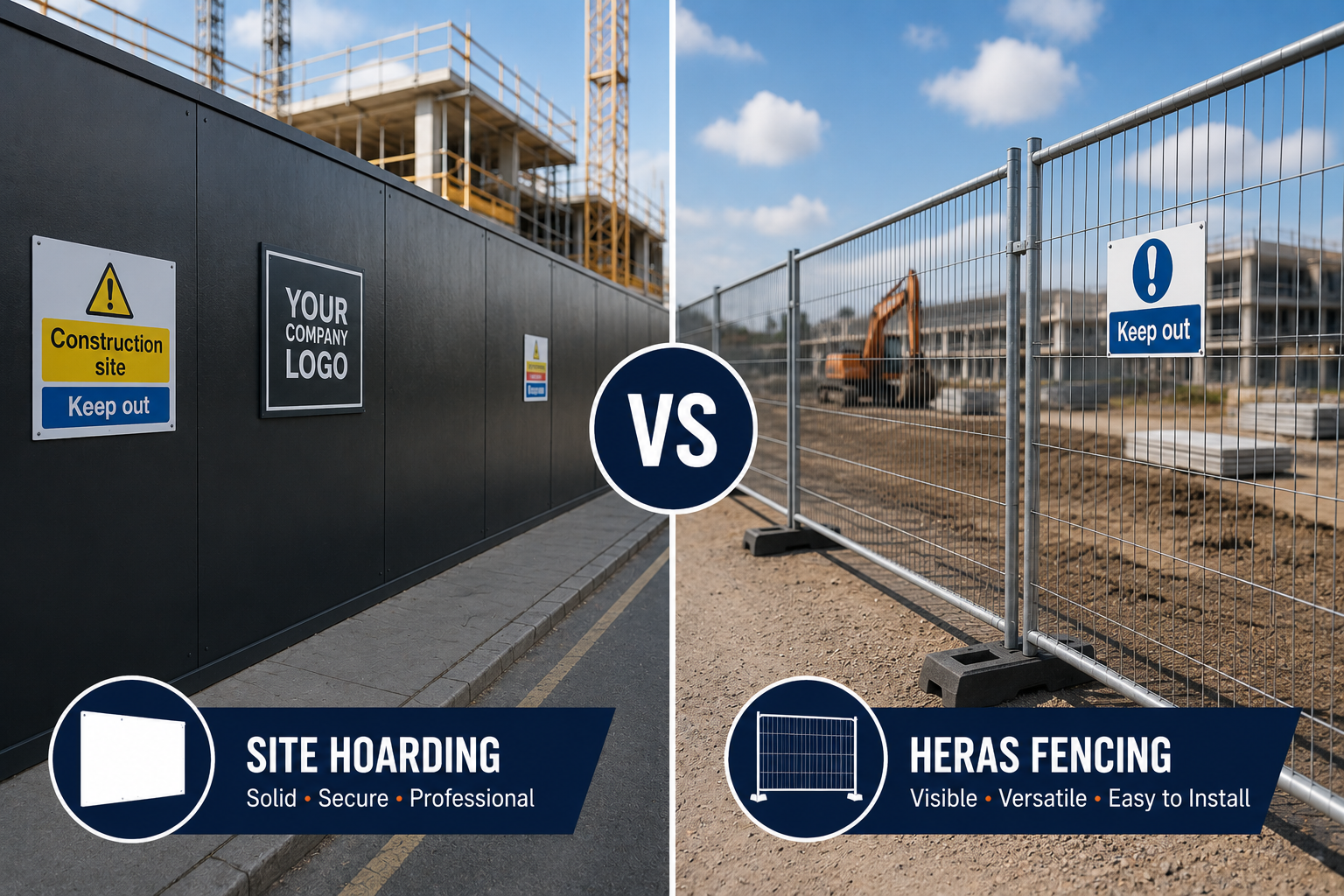Side-by-side comparison of solid site hoarding and Heras fencing used around construction sites, highlighting the differences between temporary mesh fencing and solid perimeter hoarding.