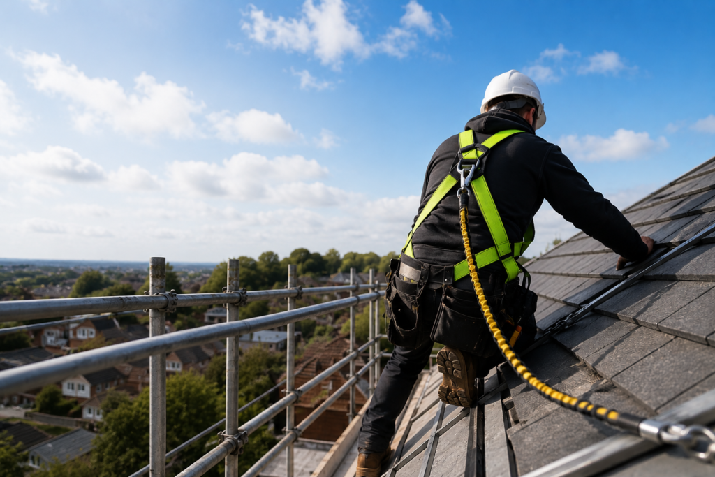 Tradesperson wearing a safety harness working on a roof from scaffolding while following safe working at height practices on a UK construction site.